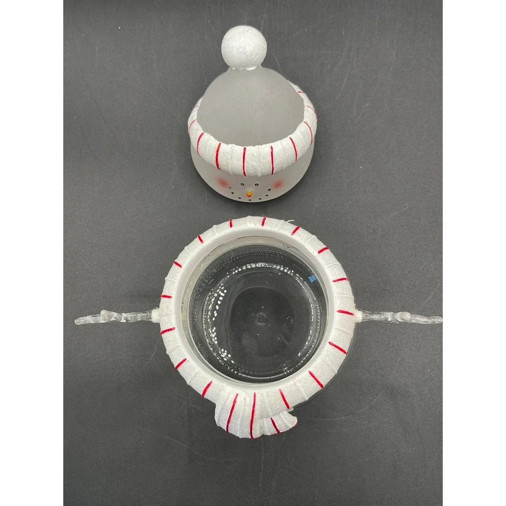 Snowman Glass Candy Jar Frosted Lid White Striped Christmas 5.75